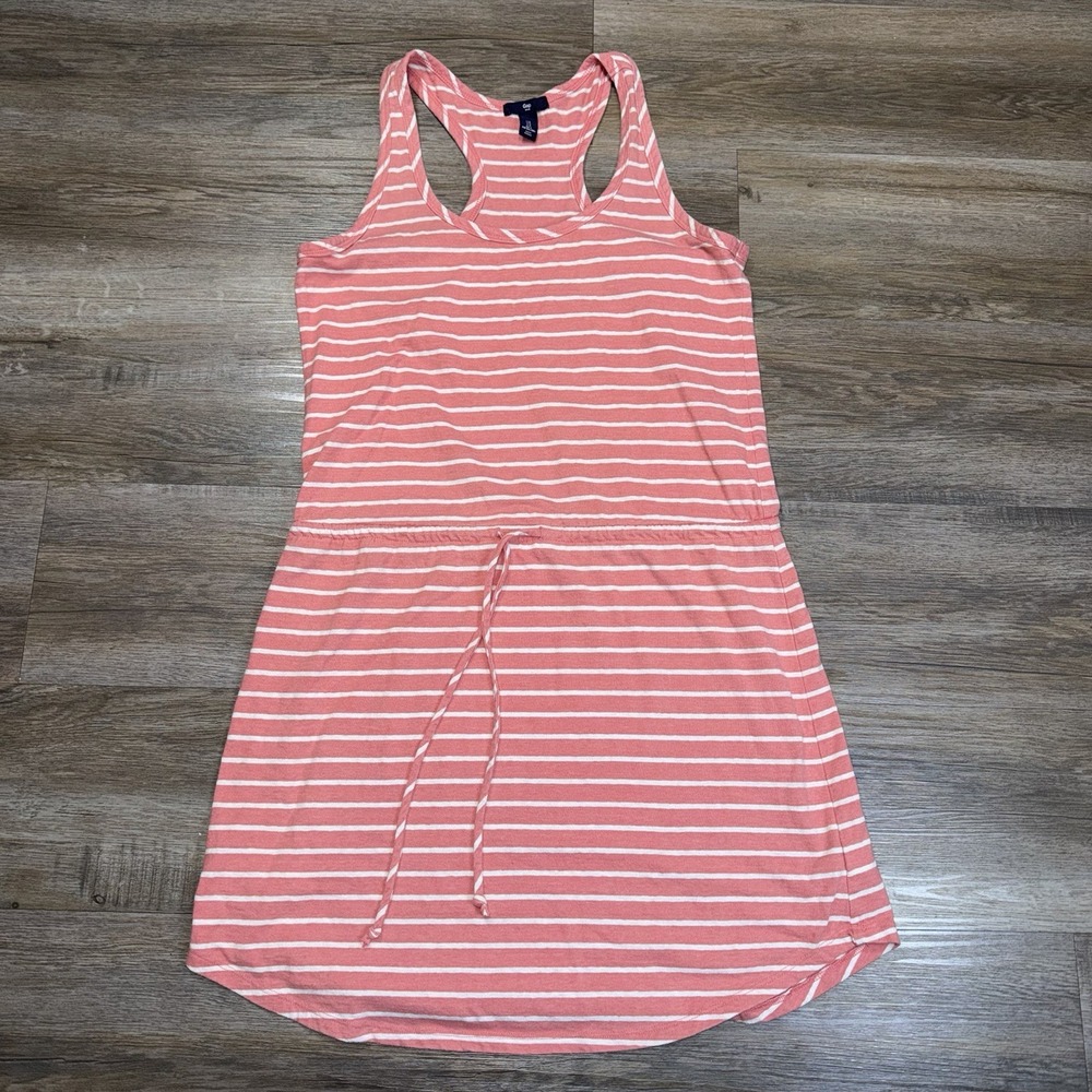 Gap Pink White Striped Racerback Tank Dress Womens Small Casual Drawstring Waist